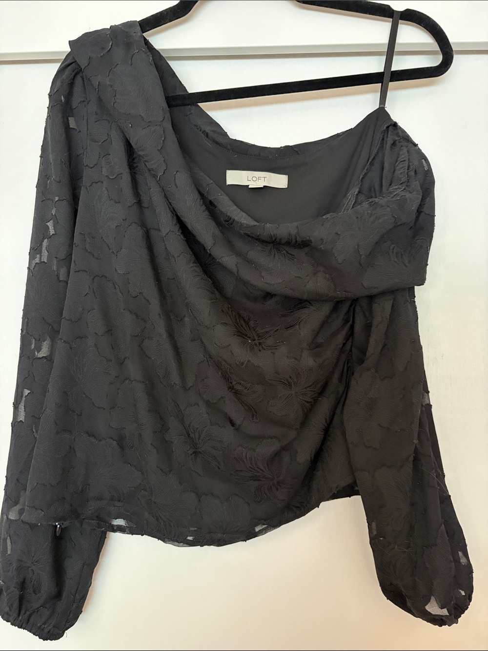 LOFT Black One-Shoulder Floral Overlay Top